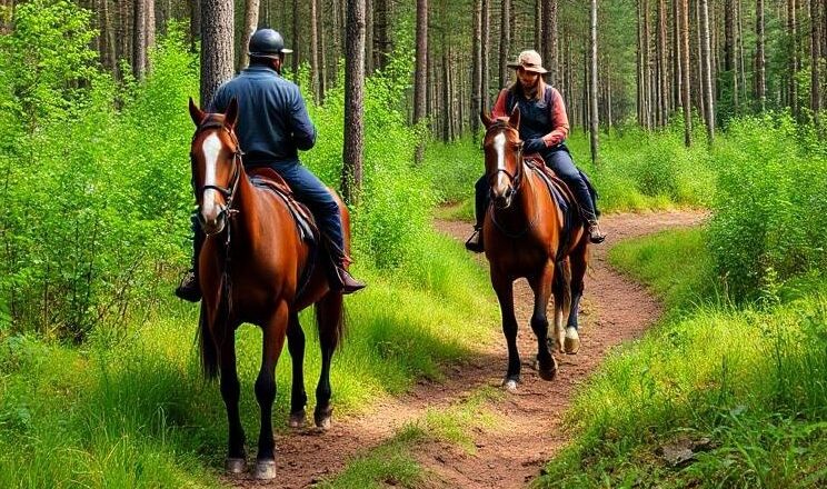KI-generiertes Bild zweier Reiter auf Pferden im Wald, mit jeder Menge Fehlern.