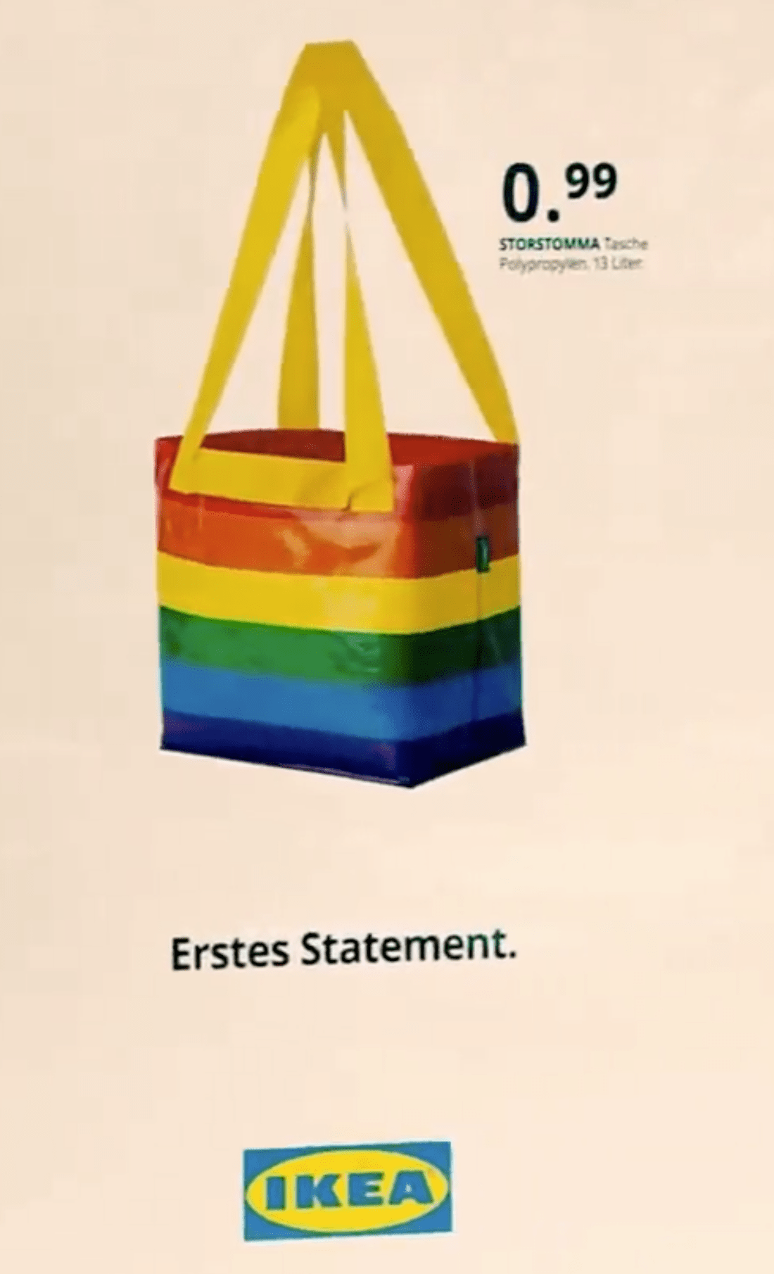 Screenshot der Plakatwand mit einer IKEA-Einkaufstasche in Regenbogenfarben und der Aufschrift "Erstes Statement".