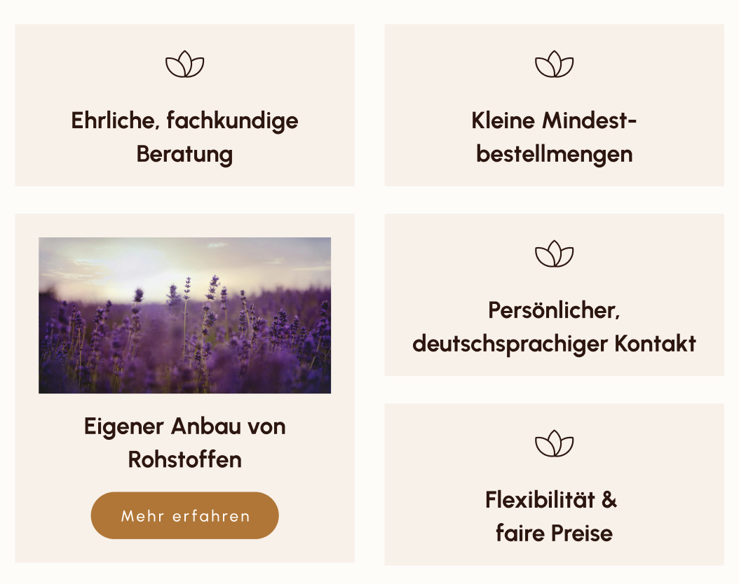 USP-Sektion mit den Punkten "ehrliche, fachkundige Beratung", "kleine Mindestbestellmengen", "persönlicher, deutschsprachiger Kontakt", "Flexibilität & faire Preise" und "eigener Anbau von Rohstoffen".