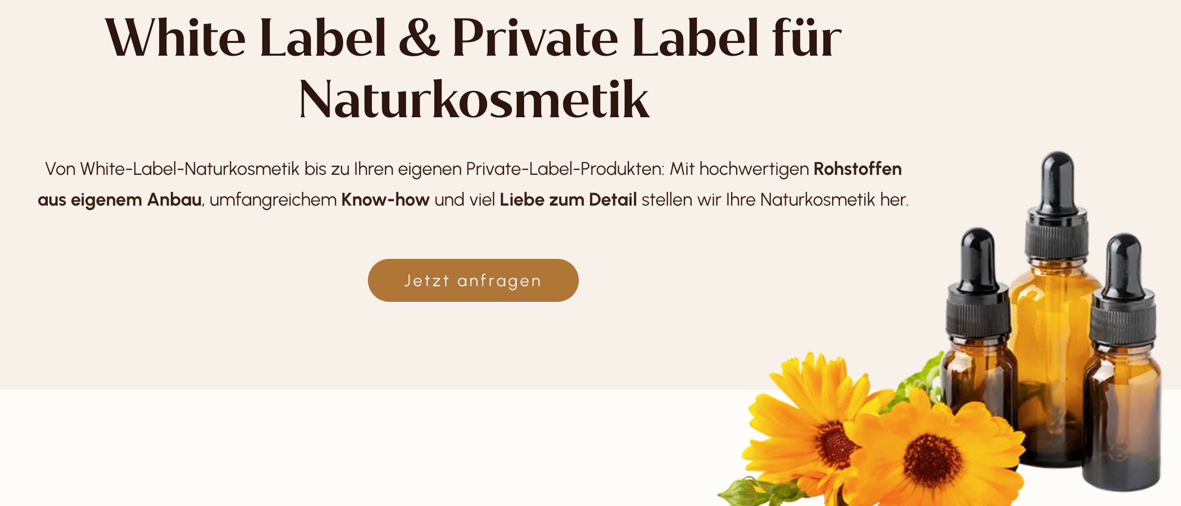 Hero-Sektion mit der H1 "White Label & Private Label für Naturkosmetik".
