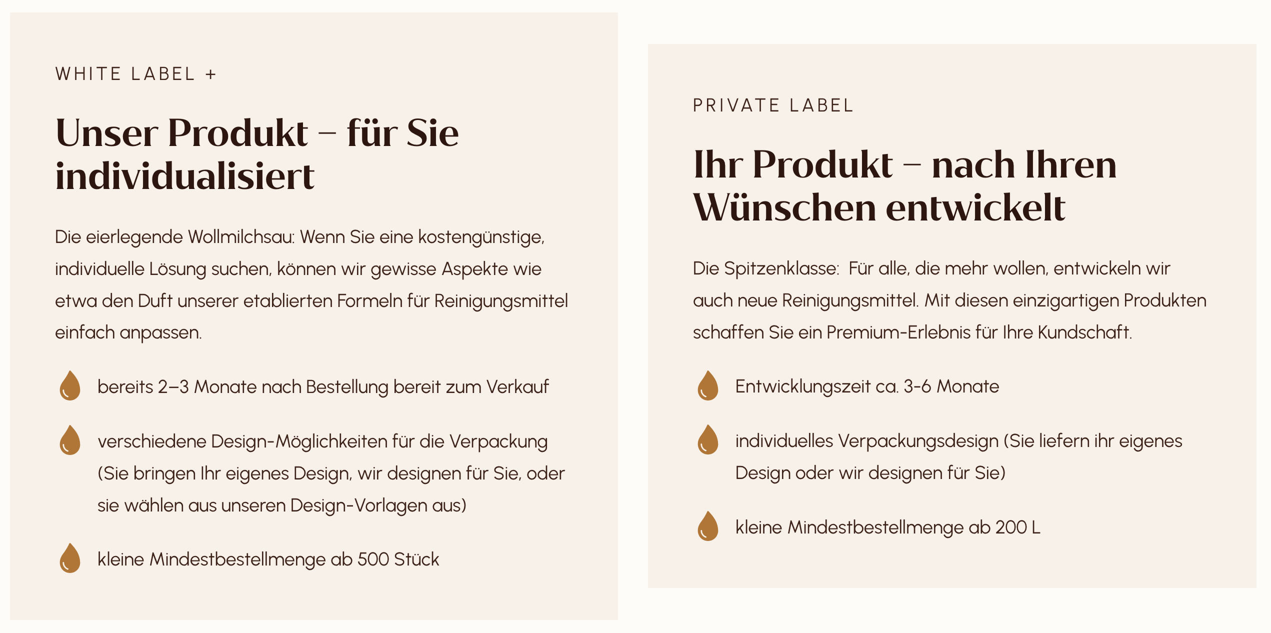 Gegenüberstellung der Angebote von Innovia Natura mit den netten Headlines "Unser Produkt – für Sie individualisiert" bei White Label und "Ihr Produkt – nach Ihren Wünschen entwickelt" bei Private Label. Ein kurzer Body Text und je 3 vergleichende Punkte ergänzen wichtige Infos zu den beiden Angeboten.