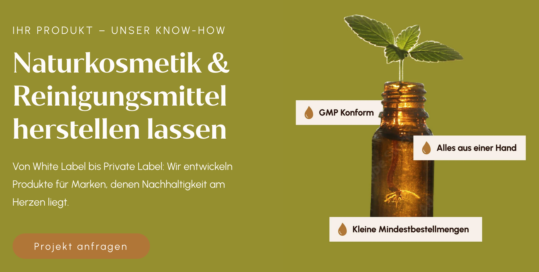 Hero-Sektion mit "Ihr Produkt – unser Know-how" in der Eyebrow und der H1 "Naturkosmetik & Reinigungsmittel herstellen lassen".