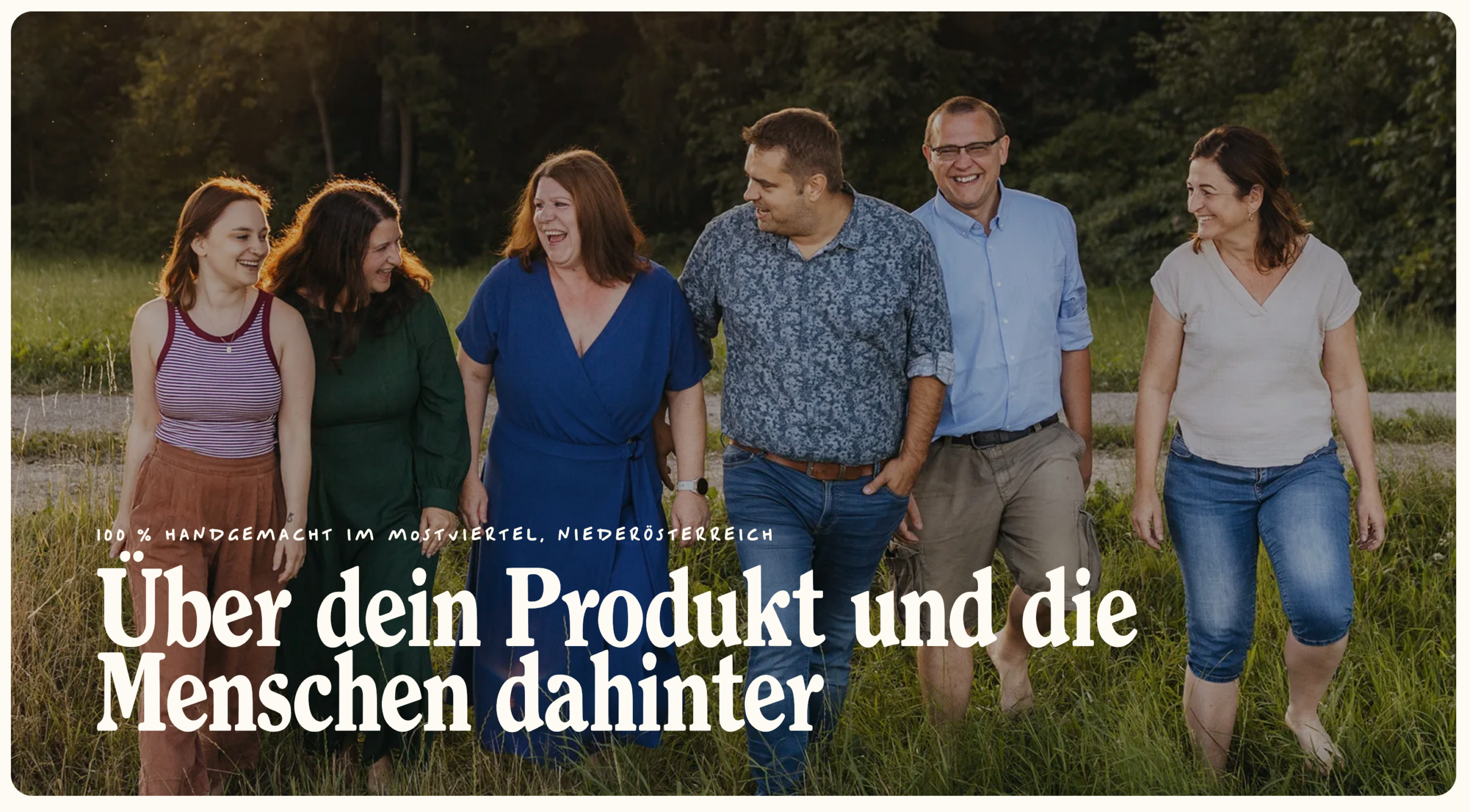 Hero der Über-uns-Seite von Wolkenlos Kosmetik mit der Eyebrow: "100 % handgemacht im Mostviertel, Niederösterreich" und der H1: "Über dein Produkt und die Menschen dahinter"