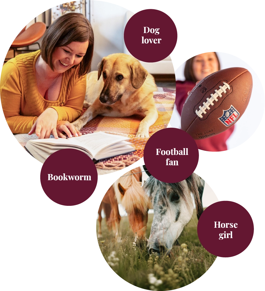 A cluster of image/text bubbles showing Birgit Spalt-Zoidl reading with her dog, her holding a Football and horses with four text bubbles reading "dog lover", "football fan", "bookworm" and "horse girl".